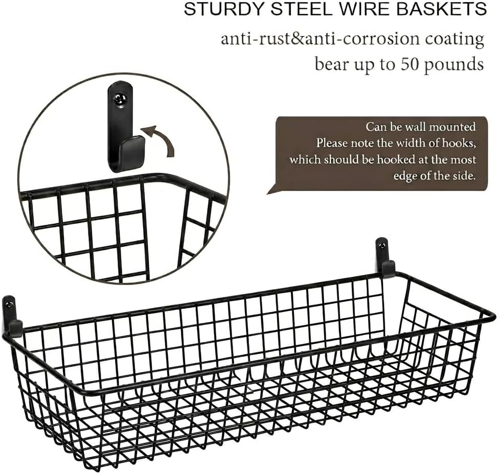 SheeChung Farmhouse Metal Wire Bin Basket with Wall Mount - Small, - Portable Hanging Wall Basket, Rustic Home Storage Organizer for Cabinets, Pantry, Closets, Bathroom, Kitchen,Bedroom(Black)