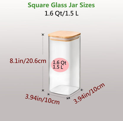 2.2 Qt Square Glass Storage Containers with Lids, Clear Food Storage Container Jar with Sealing Bamboo Lid Storage Containers for Pasta, Oats, Coffee, Flour, Sugar (Square -3Pack)