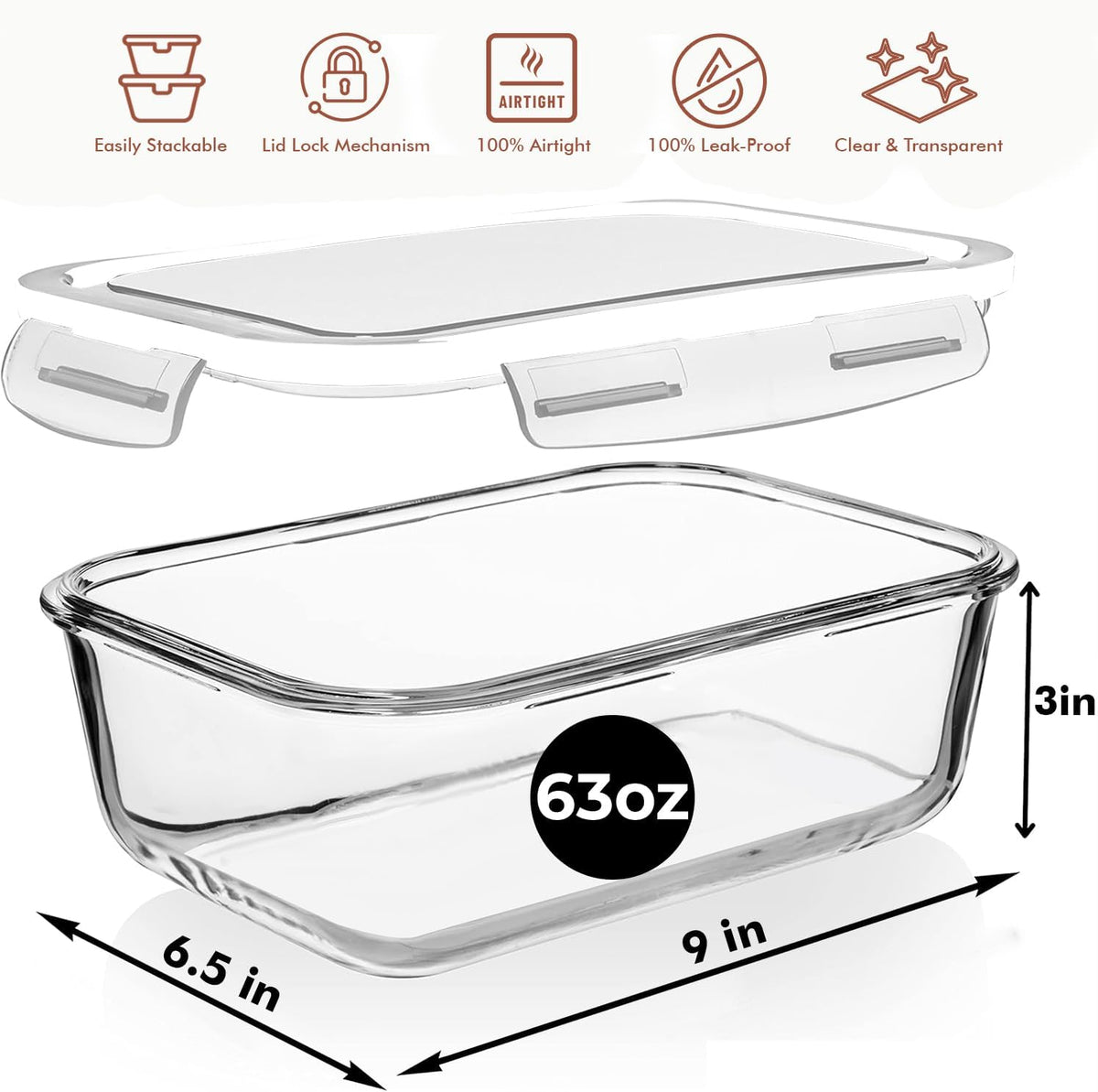 8 Cups/ 63 Oz 4 Piece (2 containers + 2 Lids) Large Glass Food Storage/ Baking Containers with Locking Lids . Ideal for Storing food, vegetables or fruits. BPA Free & Leak Proof -Microwave, Oven Safe