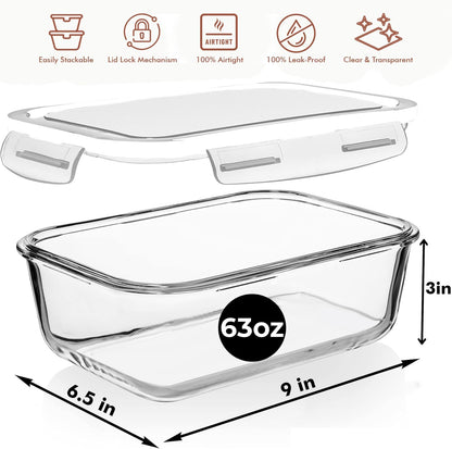 8 Cups/ 63 Oz 4 Piece (2 containers + 2 Lids) Large Glass Food Storage/ Baking Containers with Locking Lids . Ideal for Storing food, vegetables or fruits. BPA Free & Leak Proof -Microwave, Oven Safe