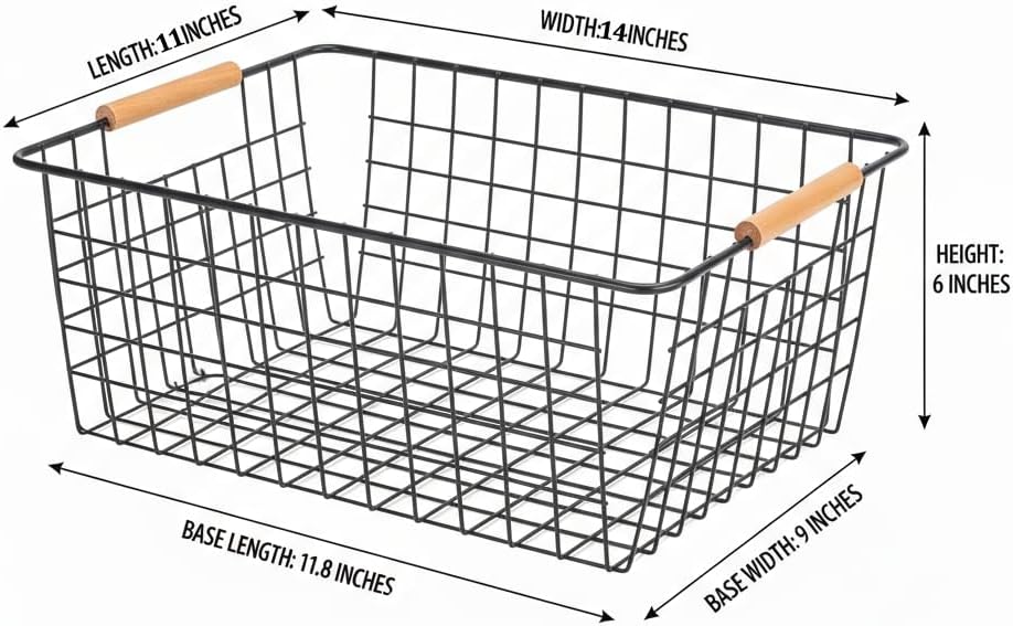 White Metal Wire Food Storage Basket with Wooden Handles for Organizing Snack Basket,Pantry Organizers and Storage for Kitchen Cabinets 4 Pack (Medium)
