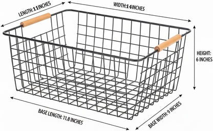 White Metal Wire Food Storage Basket with Wooden Handles for Organizing Snack Basket,Pantry Organizers and Storage for Kitchen Cabinets 4 Pack (Medium)