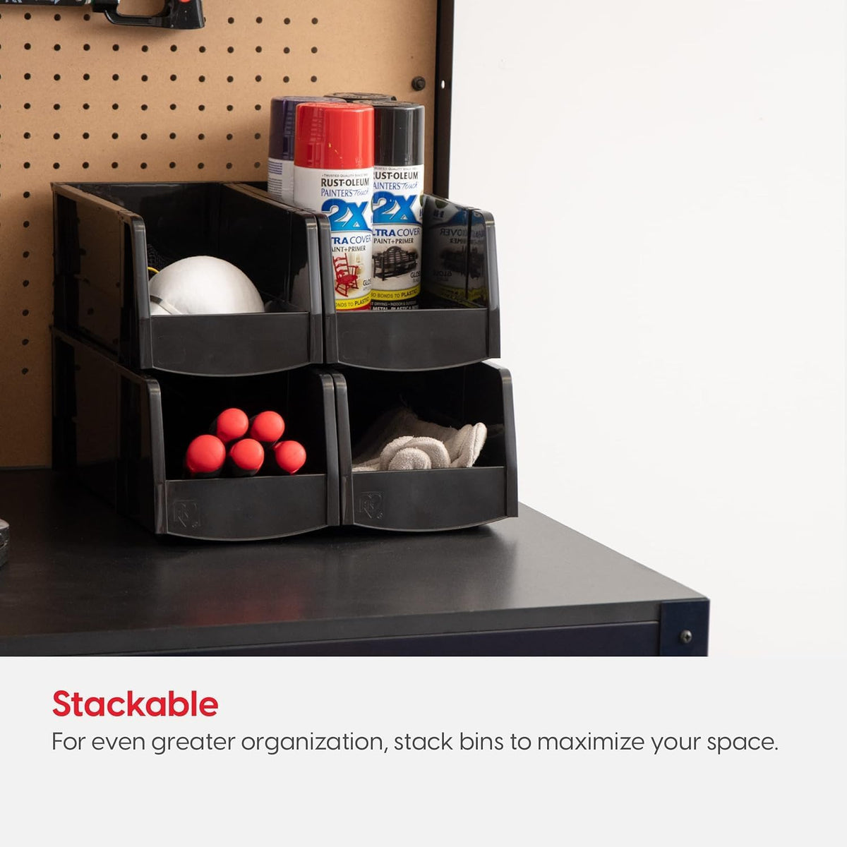 IRIS USA Medium Stackable Storage Bins, 11" L x 6" W x 5" H |Made in USA| Plastic Open Front Shelf Bin for Organizing Parts, Hardware, Tools, Supplies, Garage Shelf, Pantry - Black