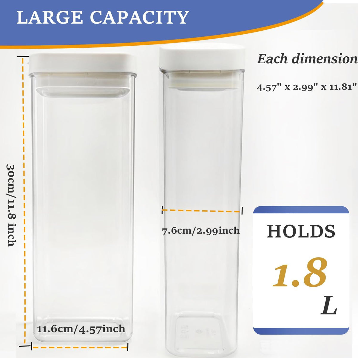 GIEHOUGRIO 2 Pack Clear Pasta Containers, 1.8L Airtight Food Storage Containers with Lids, Kitchen Storage Containers for Spaghetti, Flour, Sugar, Noodles (4.57" x 2.99" x 11.81")