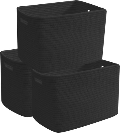 3 Pack Woven Rope Storage Baskets for Shelves,13.5"×11"×9.5" Storage Bins with Handles,Empty Gift Baskets,Nursery Organizer for Toys,Towels,Books,Closet,Living Room,Bedroom (White & Brown)