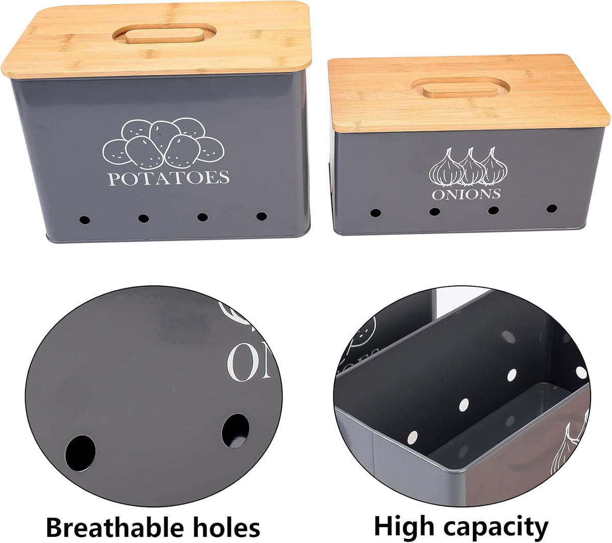 Potato and Onion Storage Bin Set of 2, Vented Metal Vegetable Storage with Wooden Lids, Farmhouse Kitchen Canisters for Countertop Pantry Organizer, Potato Bin Onion Holder for Produce Storage, Black