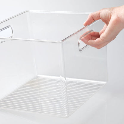 mDesign Plastic Deep Kitchen and Pantry Organizer Storage Bin with Handles for Cabinet, Fridge, Freezer - Food Storage Containers for Snacks, Yogurt Pouches or Fruit, Ligne Collection, 4 Pack, Clear