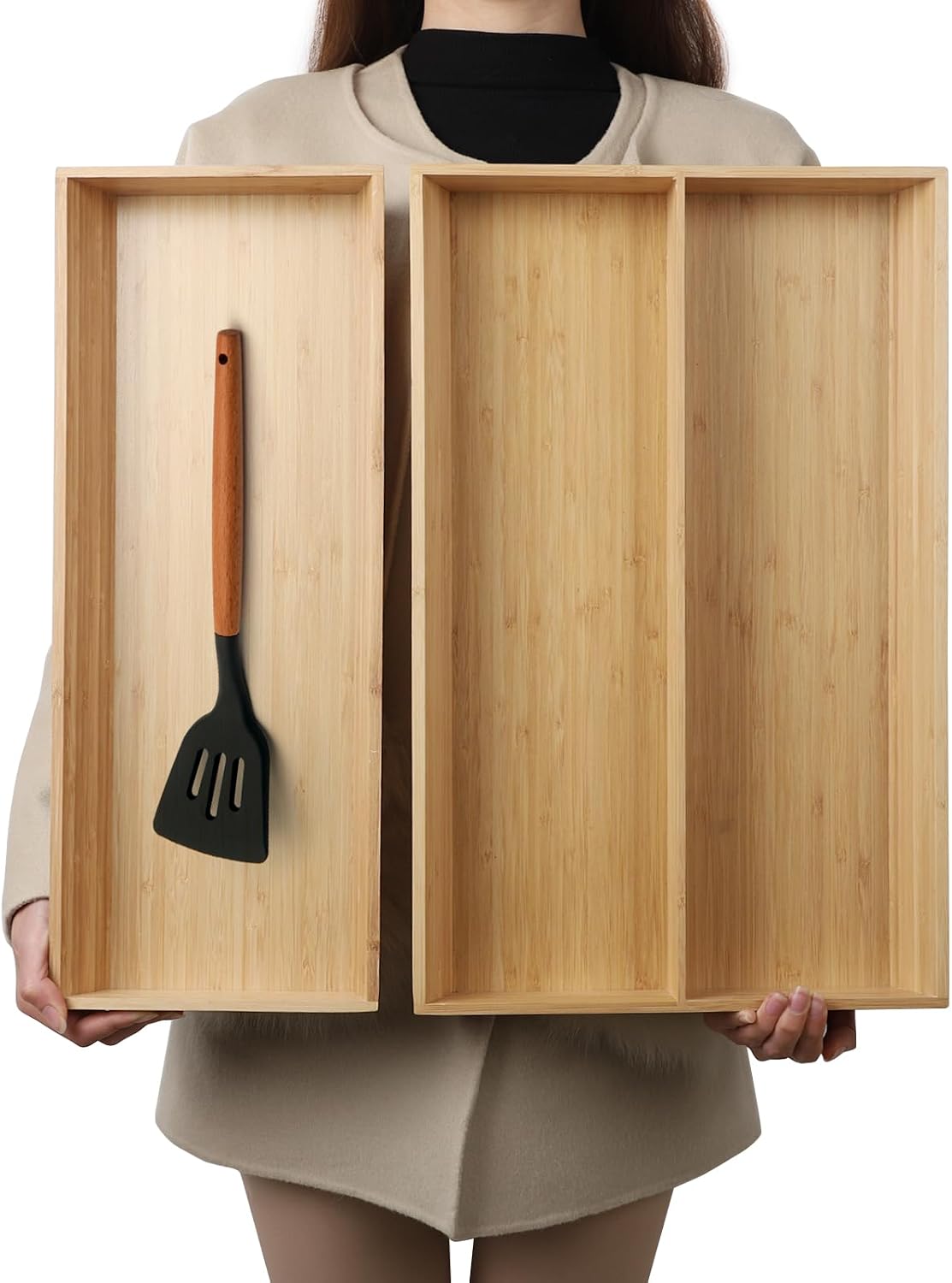 BAMOTTO CRAFTBAMBOO Stack Bamboo Drawer Organizer Set of 5, Kitchen Utensil, Flatware&Silverware Organizer-Wood Laminated Stackable for Kitchen, Bedroom, 13.4''x4.5''*2+10.2''x3.3''*2+10.2''x6.7''*1