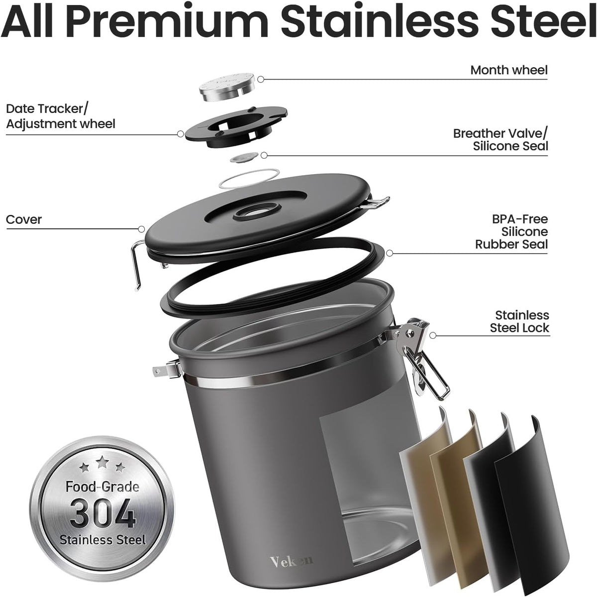 Veken Coffee Canister, 39OZ Large, Mothers Day Gifts For Women, Airtight Stainless Steel Food Storage Container for 2.2lbs Coffee Beans, Ground, Sugar, Tea, Flour, Cereal,Kitchen Bar Accessories,Cream