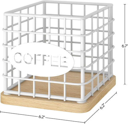 YATINEY Coffee Pod Holder for K Cup, Large Capacity Coffee Pod Organizer, Versatile Coffee Capsule Storage Basket with Wooden Base, White KH10WN