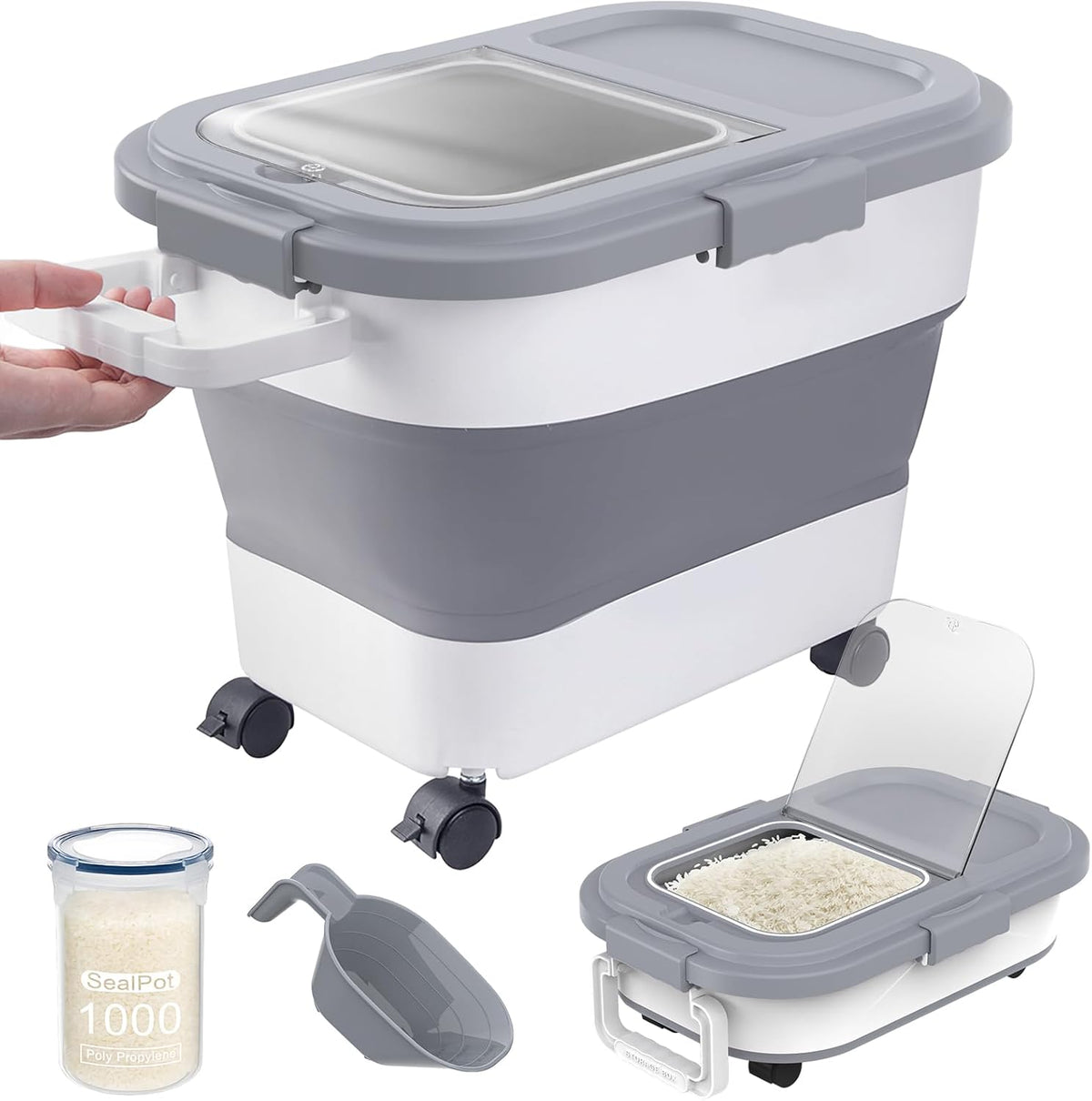 HOYTAMDA 25-35Lbs Rice Container,Collapsible Airtight Food Storage Containers with Wheels,Handle,Rice Storage Container with Small Bin and Scoop,Rice Dispenser for Flour Sugar Cereal Grain Dog Cat