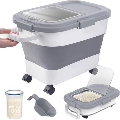 HOYTAMDA 25-35Lbs Rice Container,Collapsible Airtight Food Storage Containers with Wheels,Handle,Rice Storage Container with Small Bin and Scoop,Rice Dispenser for Flour Sugar Cereal Grain Dog Cat