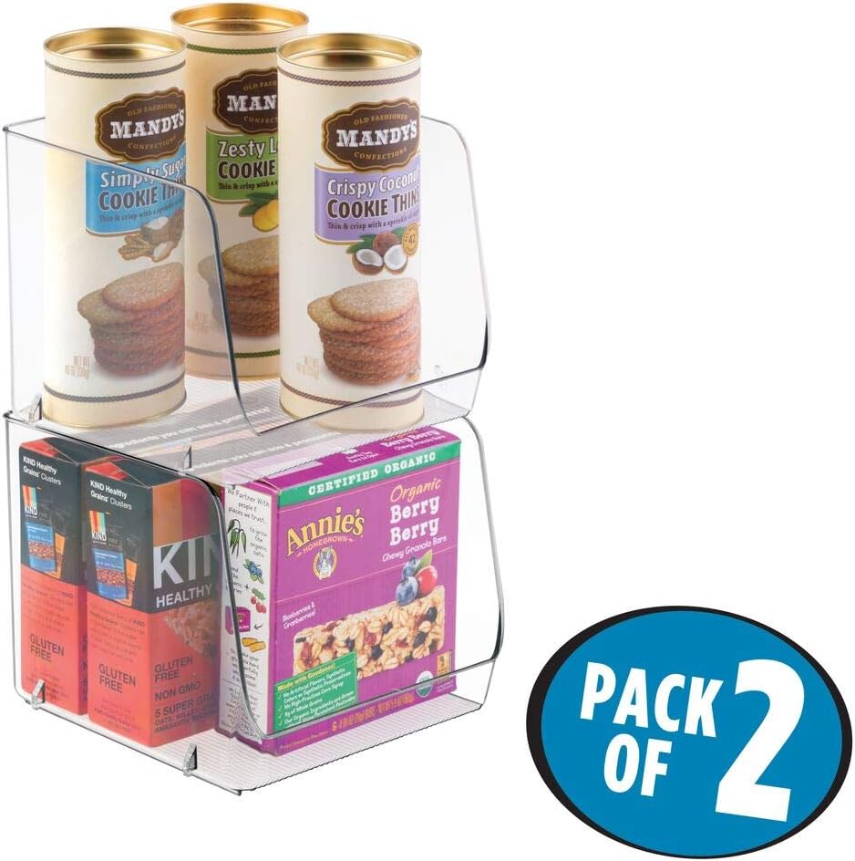 mDesign Wide Stackable Plastic Food Storage Organizer Bin Basket with Open Front for Household Kitchen Cabinets, Pantry, Offices, Closets, Bedrooms, Bathrooms - 10.2" Wide, 2 Pack - Clear