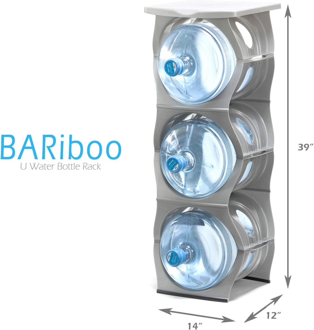 Bariboo Stackable Water Bottle Storage Rack Best Water Jugs 5 Gallon Organizer. Jug Holder for Kitchen, Cabinet and Office Organizing. Reinforced Polypropylene (Silver, 4 No Shelf)
