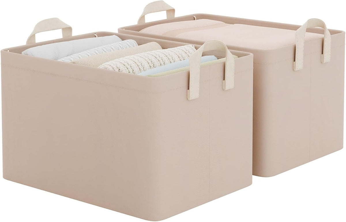 StorageWorks Storage Bins, Shelves Baskets for Organizing, Fabric Closet Organizers with Handles, Metal Frame, Beige-Cotton-linen, 2-Pack