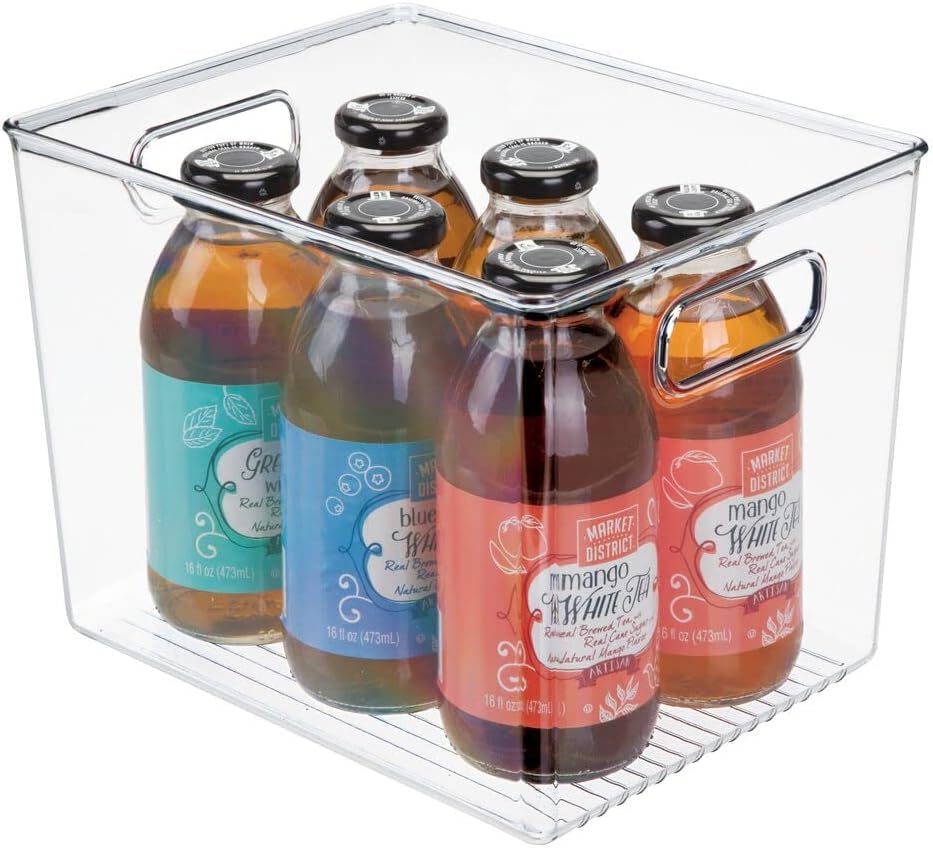 mDesign Plastic Modern Kitchen, Pantry Food Storage Container Bin w/ Handles - Cabinet, Fridge/Freezer, Countertop Organizer - Snacks/Drink/Appliances; Ligne Collection, Clear, 10x5x8 (Pack of 2)