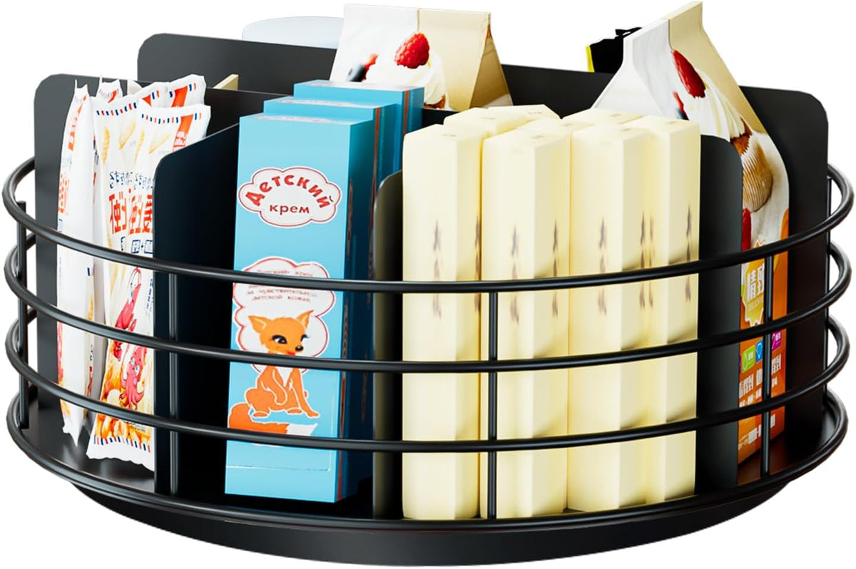 Snack Organizer - Versatile Snack Storage 2 Tier Lazy Susan with Convenient Grab-and-Go Design, Wood and Metal Snack Holder for Home, Office, Breakroom, 12.13" L x 12.13" W x 12.56" H