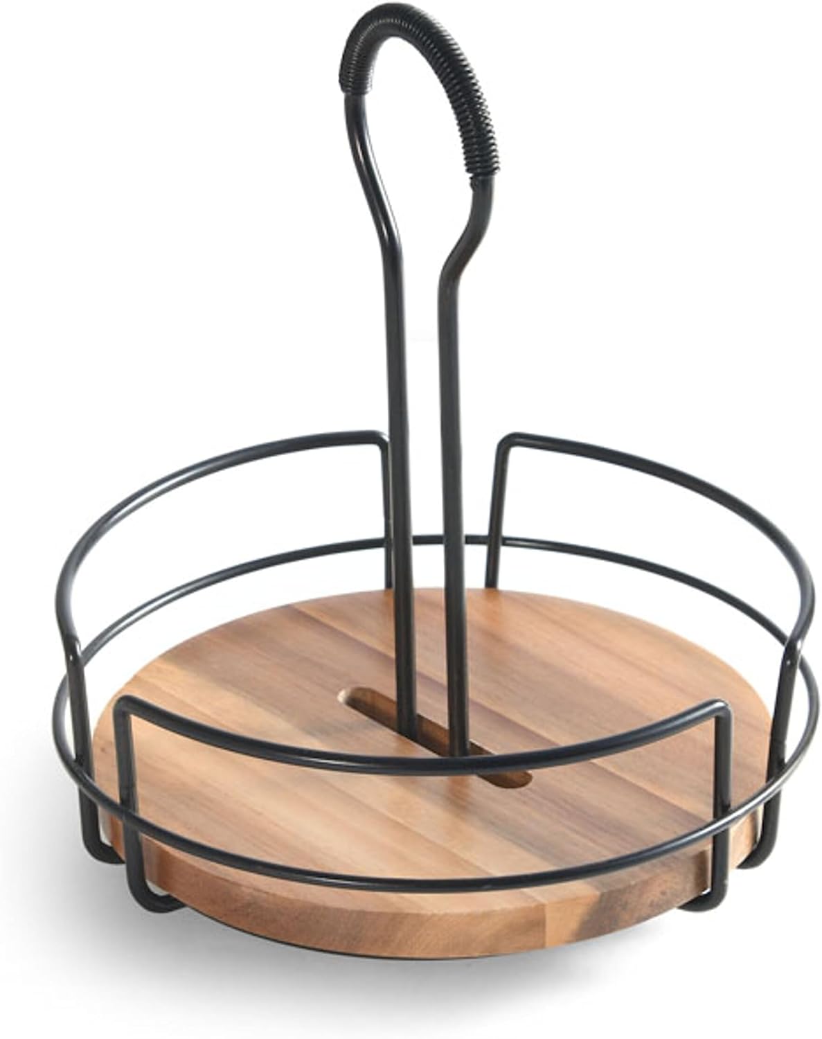 Gourmet Basics by Mikasa Nova Rotating Condiment Caddy, Handcrafted Iron and Acacia Wood Table Organizer with Spinning Platform and Carrying Handle, Contemporary Black Finish, 8.75 x 7 x 9.25 Inches