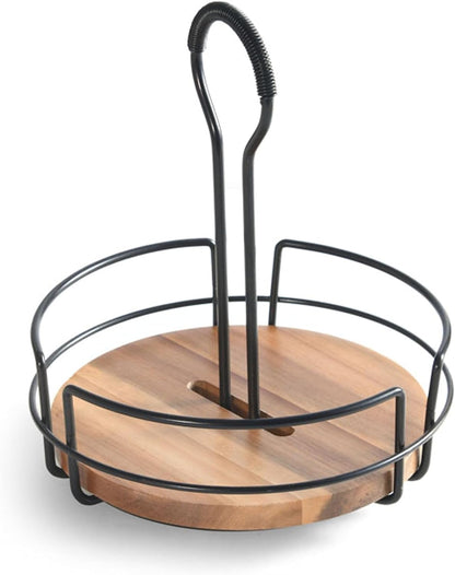 Gourmet Basics by Mikasa Nova Rotating Condiment Caddy, Handcrafted Iron and Acacia Wood Table Organizer with Spinning Platform and Carrying Handle, Contemporary Black Finish, 8.75 x 7 x 9.25 Inches