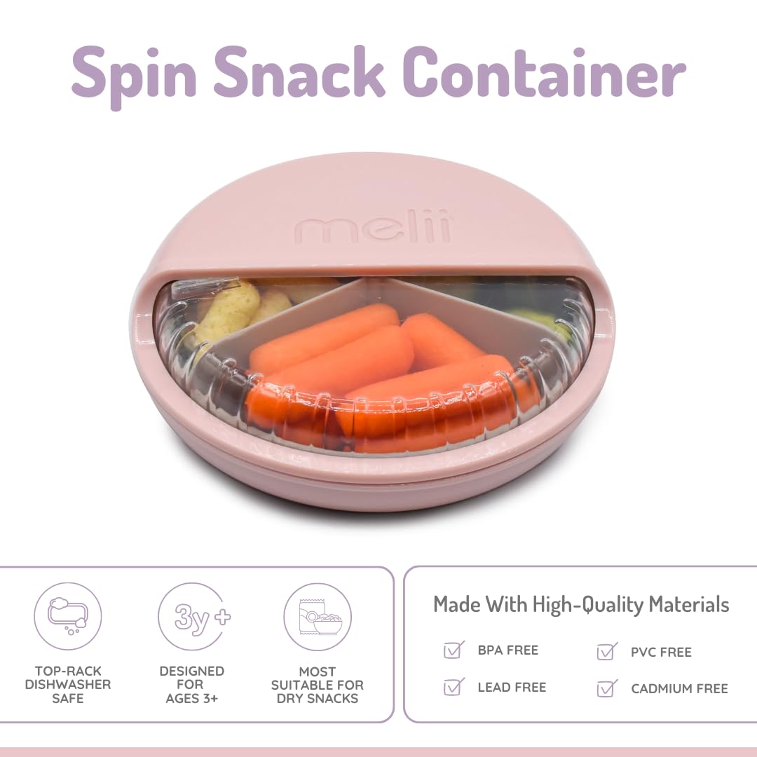 melii Spin Snack Container | 3-Compartment Rotating Snack Box with Sliding Window, BPA-Free, Dishwasher Safe, Portable Snack Container for Kids Ages 3+ (Blue)
