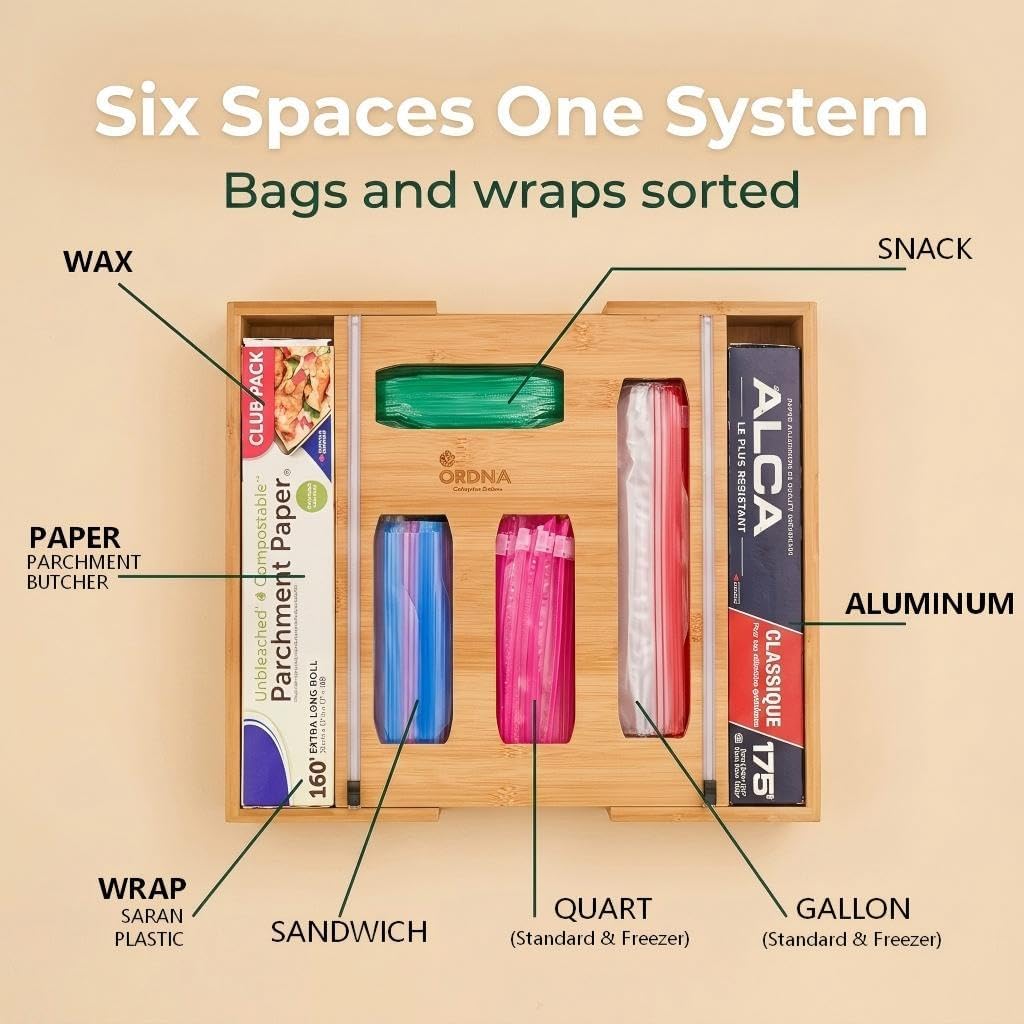 3" Slim 6-in-1 Expandable Storage Bag Organizer Kitchen Drawer - Bamboo Baggie Organizer for Drawer, Aluminum Foil & Saran Wrap Cutter, Plastic, Gallon, Quart & Sandwich Bags (11.5"-17.63" Wide)