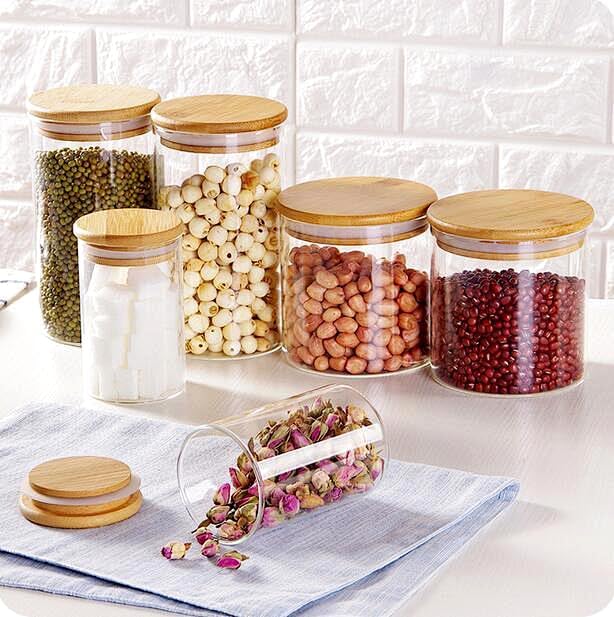 SHOWIN Glass Food Storage Jars Square 37oz, 4 Pack Glass Jars With Bamboo Lids, Kitchen Storage Containers For Spice, Candy, Cookie, Storage For Pantry Organizers