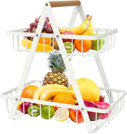mahueeol 2 Tier Countertop Fruit Basket,Portable Fruit Bowle for Kitchen Organizer Storage & Dining Room Fruits Vegetable Bread Snacks, Detachable Metal Rectangle Basket Storage