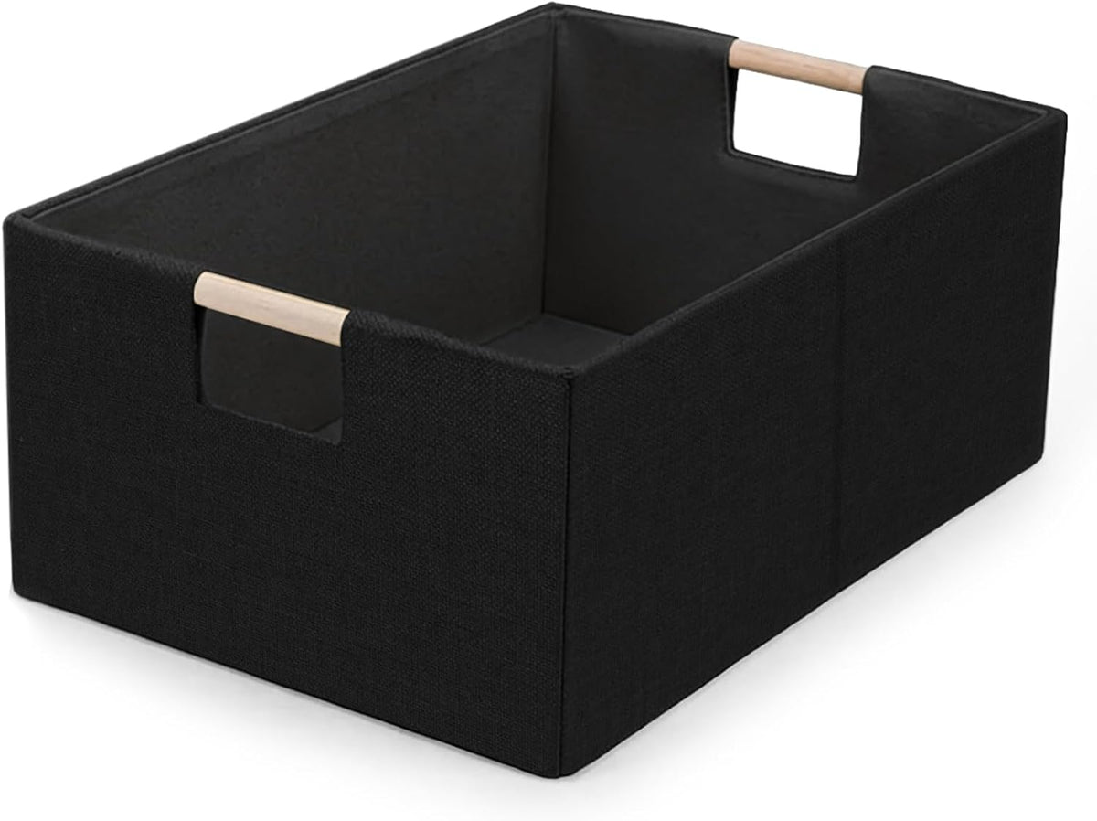 Foldable Fabric Storage Cubes, Cloth Storage Baskets with Wooden Handles, Collapsible Shelf Closet Organizer Bins, Rectangular Storage Boxes for Decor (Beige)
