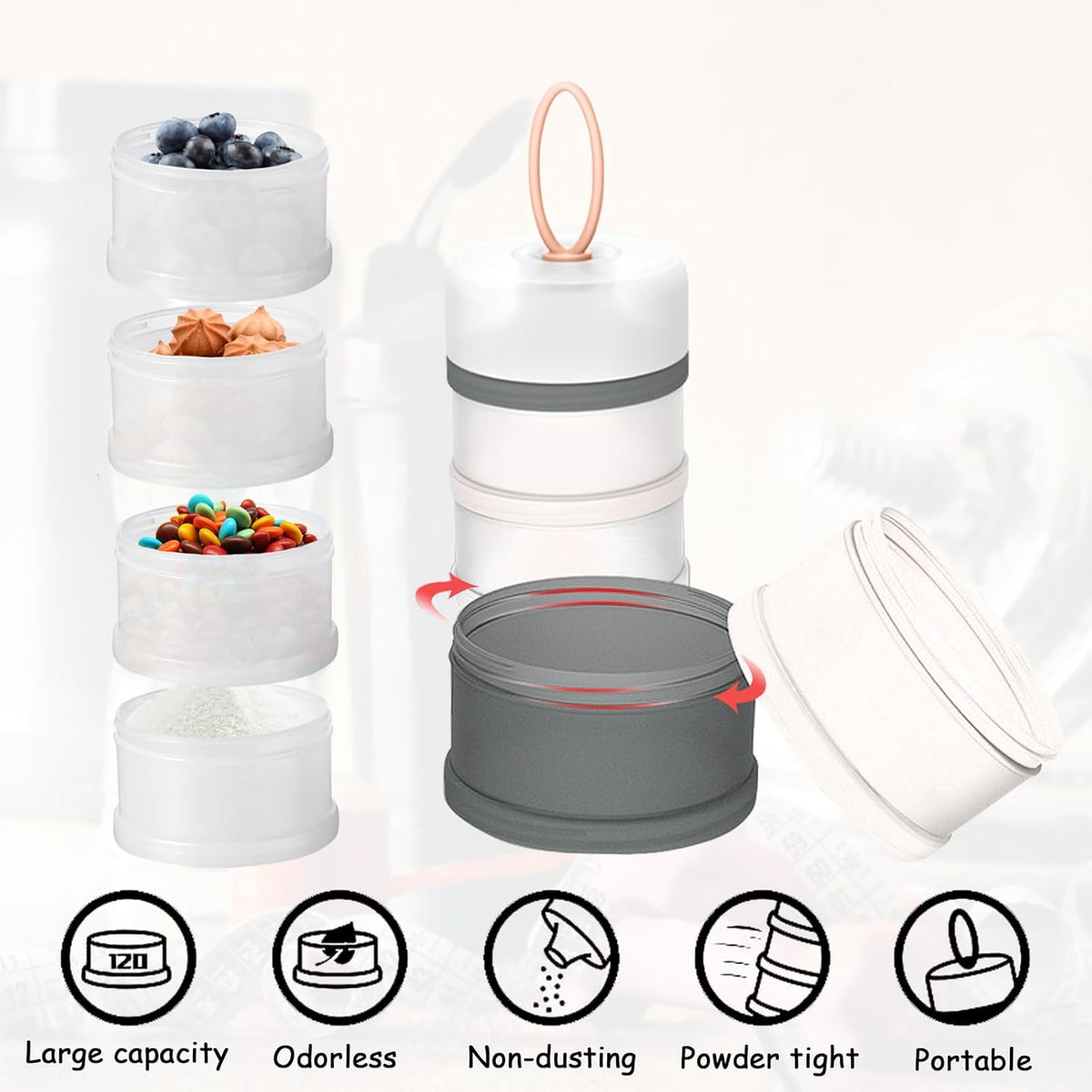 Ysglory 3 Packs Protein Powder Storage Container 4 Stackable Formula Dispenser Portable Protein Powder Travel Container Milk Powder Container to Go for Workout, Fitness, Travel (Gray,White,Blue)