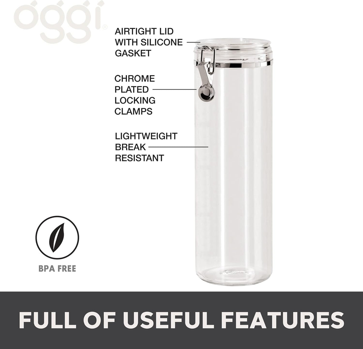 Oggi Clear Canister with Clamp Lid, 28 oz - Large Airtight Food Storage Container, for Kitchen & Pantry Storage of Bulk, Dry Foods Including Pasta, Flour, Sugar, Coffee, Rice, Tea, Spices & Herbs