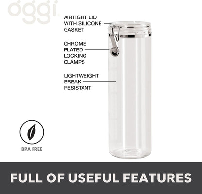 Oggi Clear Canister with Clamp Lid, 28 oz - Large Airtight Food Storage Container, for Kitchen & Pantry Storage of Bulk, Dry Foods Including Pasta, Flour, Sugar, Coffee, Rice, Tea, Spices & Herbs