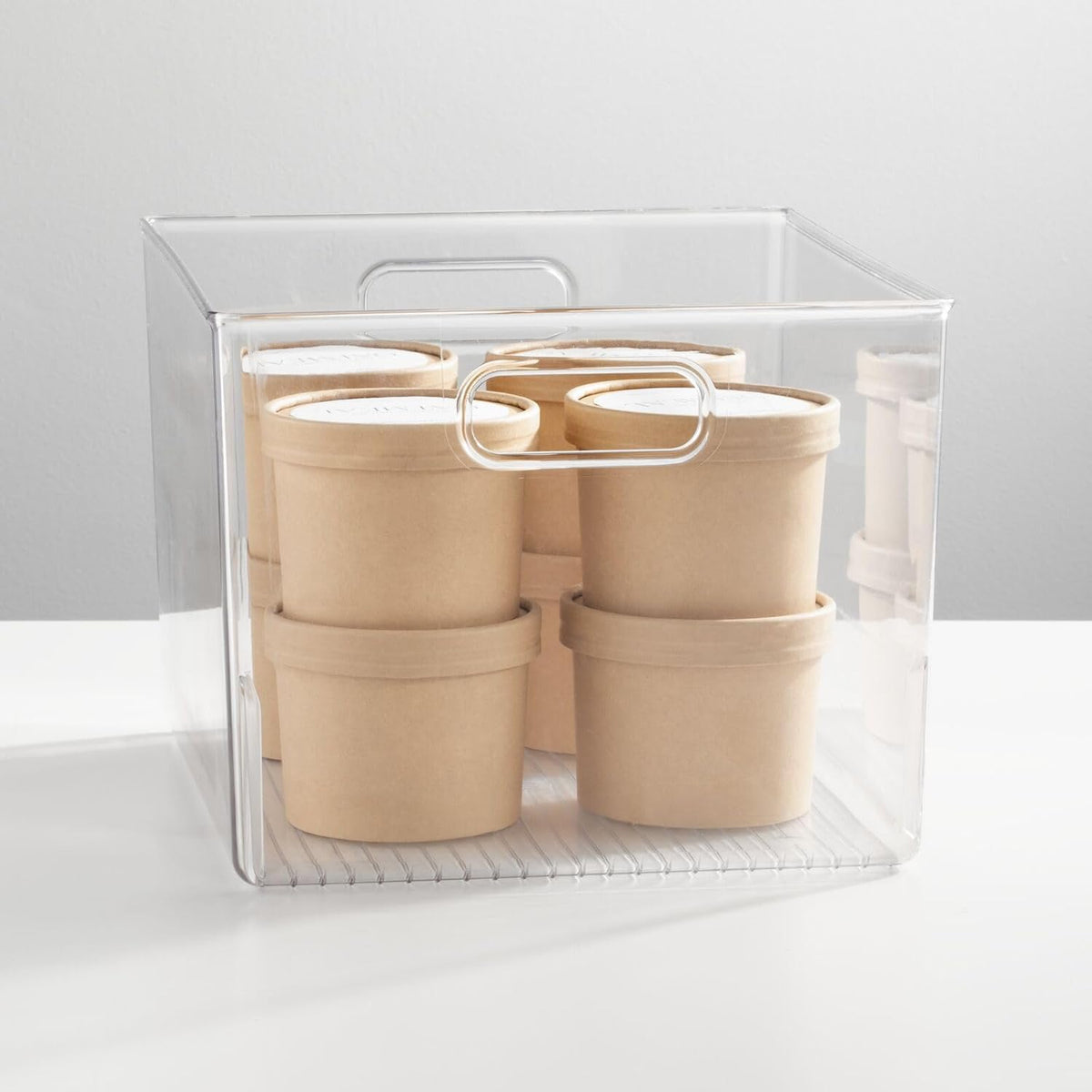 mDesign Plastic Deep Kitchen and Pantry Organizer Storage Bin with Handles for Cabinet, Fridge, Freezer - Food Storage Containers for Snacks, Yogurt Pouches or Fruit, Ligne Collection, 4 Pack, Clear