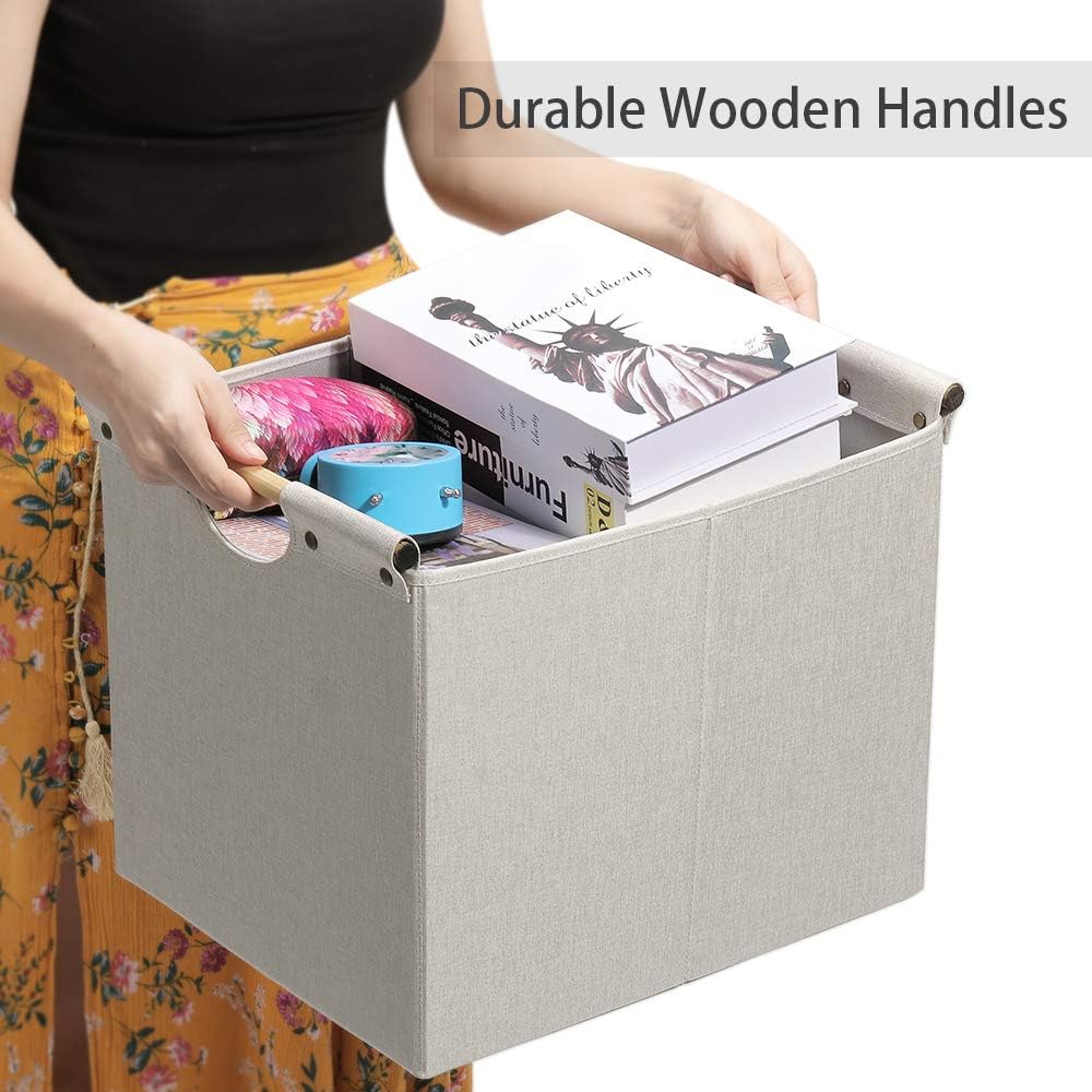 HOONEX Large Collapsible Storage Bins, Linen Fabric, Pack of 2, Storage Baskets with Wooden Carry Handles and Sturdy Heavy Cardboard, for Home, Office, Car, Nursery, Black