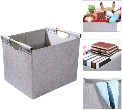 HOONEX Large Collapsible Storage Bins, Linen Fabric, Pack of 2, Storage Baskets with Wooden Carry Handles and Sturdy Heavy Cardboard, for Home, Office, Car, Nursery, Black