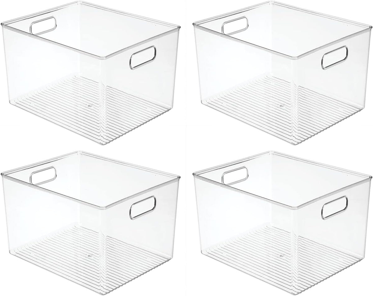 mDesign Plastic Deep Kitchen and Pantry Organizer Storage Bin with Handles for Cabinet, Fridge, Freezer - Food Storage Containers for Snacks, Yogurt Pouches or Fruit, Ligne Collection, 4 Pack, Clear