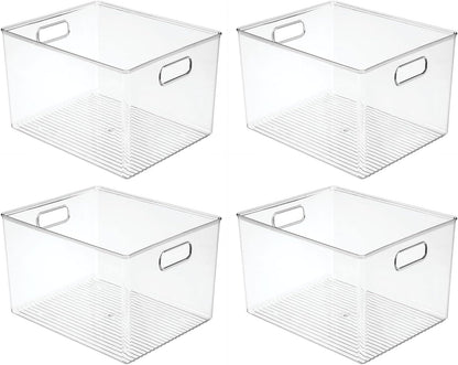 mDesign Plastic Deep Kitchen and Pantry Organizer Storage Bin with Handles for Cabinet, Fridge, Freezer - Food Storage Containers for Snacks, Yogurt Pouches or Fruit, Ligne Collection, 4 Pack, Clear
