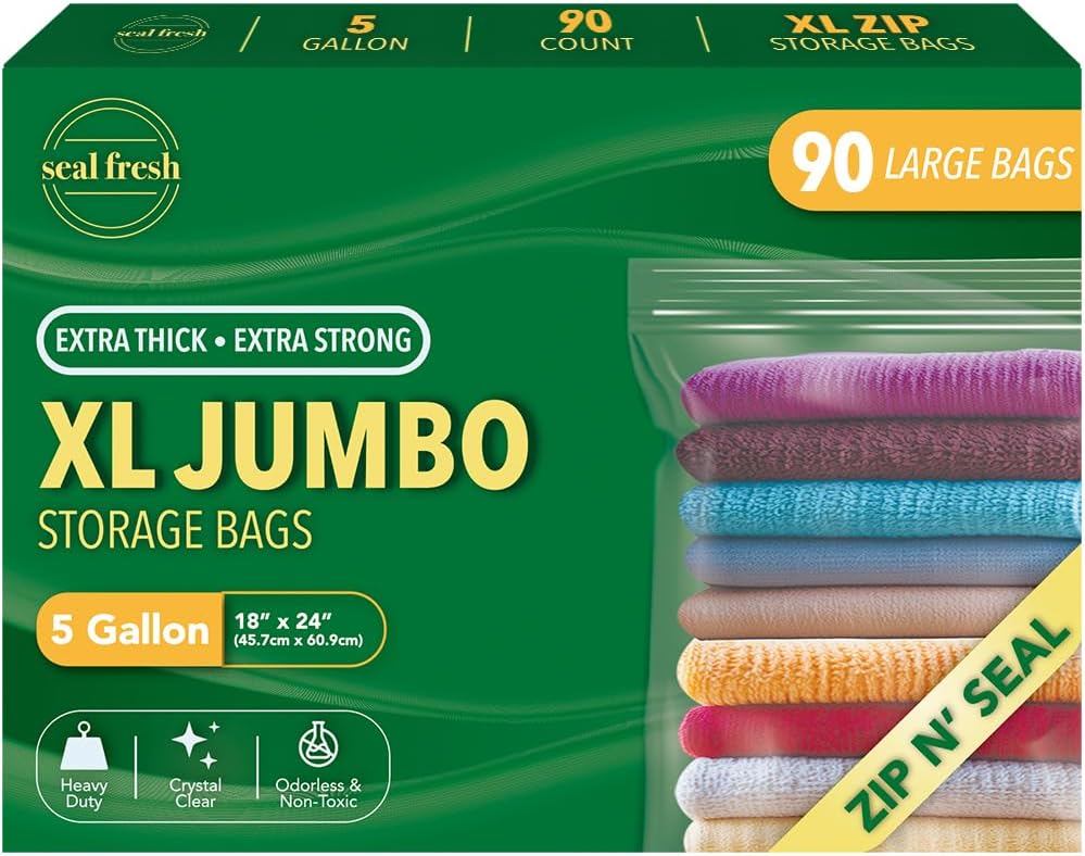 Seal Fresh 3 Gallon Large Plastic Storage Bags – 16" x 18" (15 Count) – Reusable XXL Extra Large Clear Jumbo Zip Bags with Sealable Zipper Top For Clothes, Travel, Moving