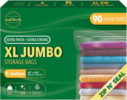 Seal Fresh 3 Gallon Large Plastic Storage Bags – 16" x 18" (15 Count) – Reusable XXL Extra Large Clear Jumbo Zip Bags with Sealable Zipper Top For Clothes, Travel, Moving