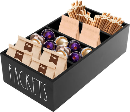 Wooden Seasoning Packet Organizer with 4 Compartments,10.63×5.51×3.15 inch Food Packet Storage Organizer Spice Holder with Dividers, Seasoning Storage Bins for Kitchen Pantry Cabinet Countertop(Black)