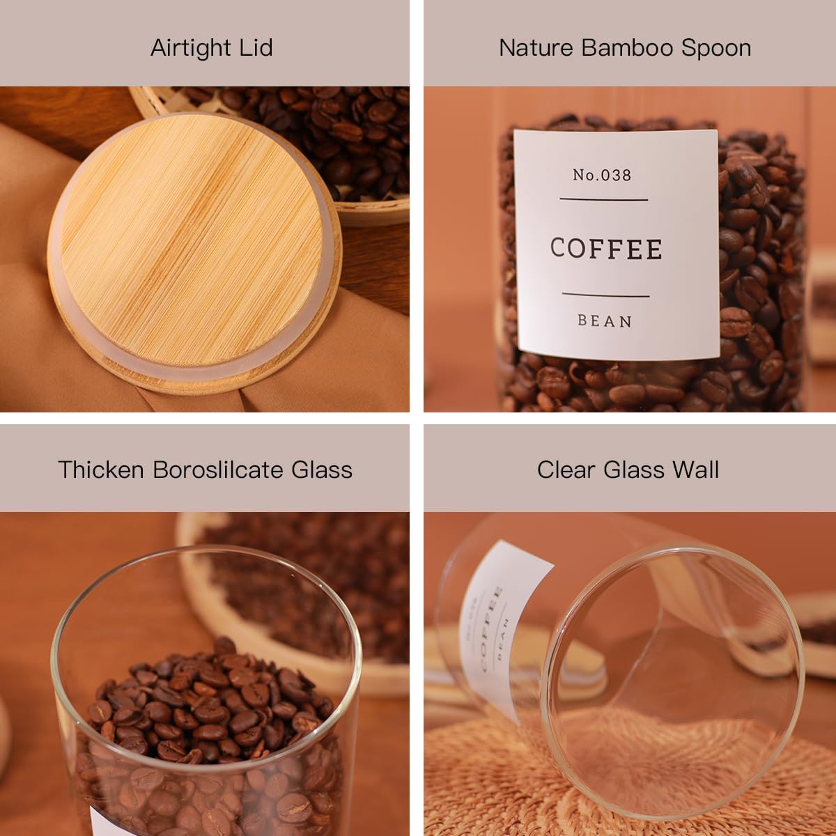 Borosilicate Glass Storage Jars with Bamboo Lids + 132 Pre-Printed Pantry Labels Included, BPA-Free Thicken Airtight Containers for Flour, Sugar, Rice, Microwave & Freezer Safe(100OZ/54OZ/27OZ)