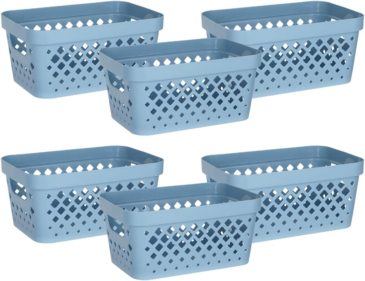 Glad Plastic Baskets for Organizing, Set of 6 | Pantry Storage for Under Counter, Linen Closet, and Bathroom | Nesting Shelf Bins with Handles, 1 Gallon, Grey