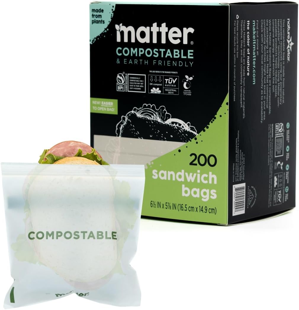 Matter Compostable Assorted Kitchen Bags, 230 Count, Biodegradable, Eco-Friendly Resealable Food Storage Variety Pack, 80 Snack, 80 Sandwich, 50 Quart & 20 Gallon