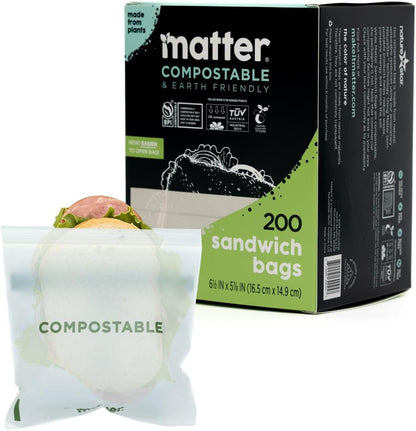 Matter Compostable Assorted Kitchen Bags, 230 Count, Biodegradable, Eco-Friendly Resealable Food Storage Variety Pack, 80 Snack, 80 Sandwich, 50 Quart & 20 Gallon