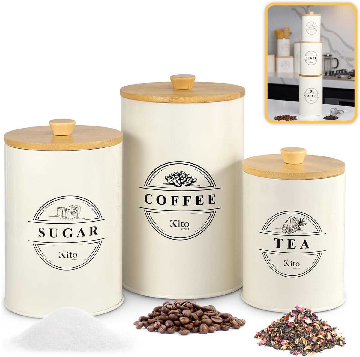 Kito LIVING Canister Sets for Kitchen Counter with Wooden Bamboo Lids, Kitchen Canisters for Countertop, Stackable Steel Farmhouse Canisters for Potato Storage, Onion and Potato Storage Bins - Cream
