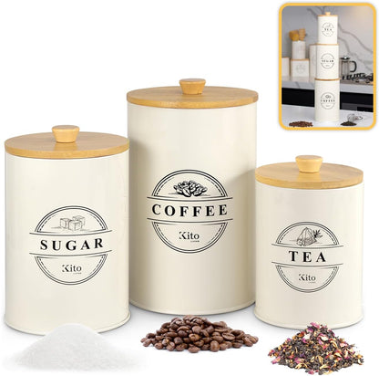 Kito LIVING Canister Sets for Kitchen Counter with Wooden Bamboo Lids, Kitchen Canisters for Countertop, Stackable Steel Farmhouse Canisters for Potato Storage, Onion and Potato Storage Bins - Cream