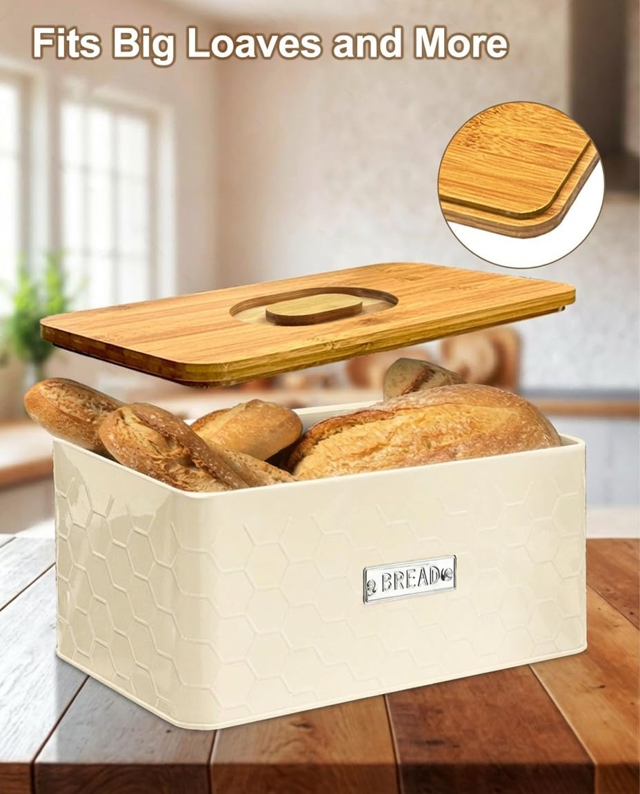 vensovo Bread Box for Countertop – Large White Metal Bread Bin with Bamboo Cutting Board Lid, Farmhouse Bread Storage Container for Homemade Bread, Baked Goods & Kitchen Counter Organization