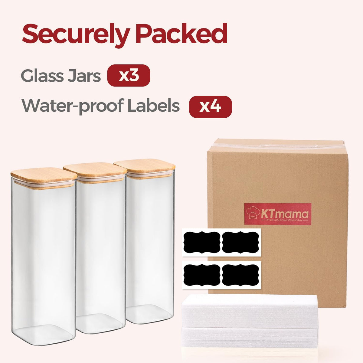 1Qt Airtight Glass Canisters with Bamboo Lid, Square Pantry Storage Containers for Coffee, Cookie, Candy, Snack, Nuts, Dry Goods - Kitchen & Pantry Organizers and Storage Containers