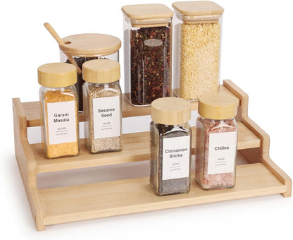 Spice Rack Organizer for Cabinet, 18in Bamboo Tiered Spice Rack，Used for Kitchen Countertops and Food Storage Room Organizer，Specially Designed for Jars and Spice Bottles(Bamboo, L)