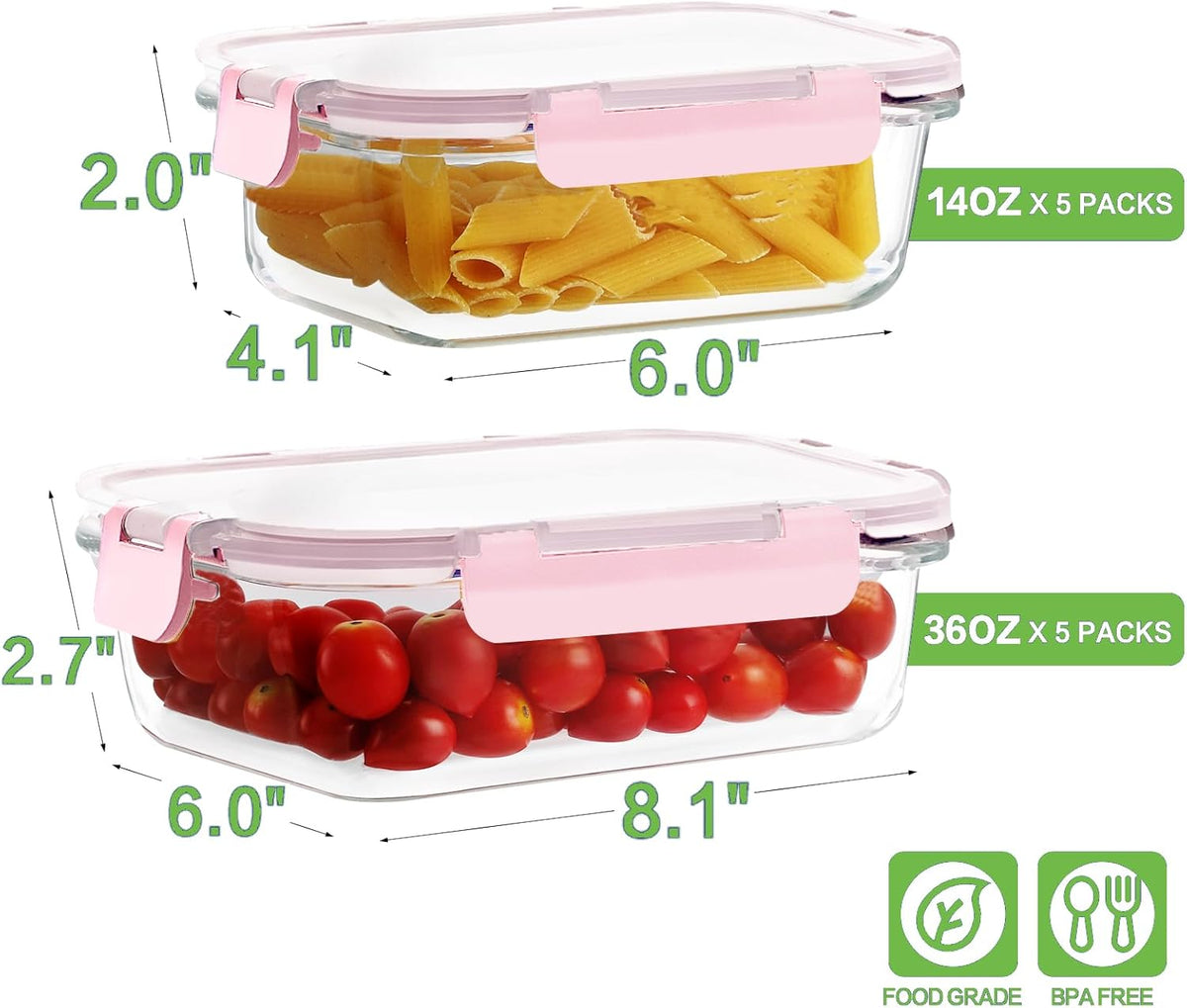 HOMBERKING Borosilicate Glass Meal Prep Containers with Locking Lids, Glass Food Storage Containers Set, Airtight Lunch Bento Boxes, BPA-Free & Leak Proof, 36oz & 14oz, Freezer, Oven Safe