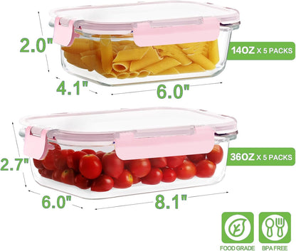 HOMBERKING Borosilicate Glass Meal Prep Containers with Locking Lids, Glass Food Storage Containers Set, Airtight Lunch Bento Boxes, BPA-Free & Leak Proof, 36oz & 14oz, Freezer, Oven Safe
